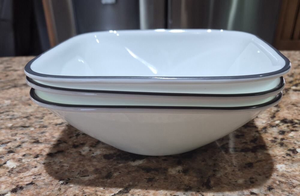 Corelle Soup/Cereal Bowls Set Of 3 White With Black Line Rim Square Shape